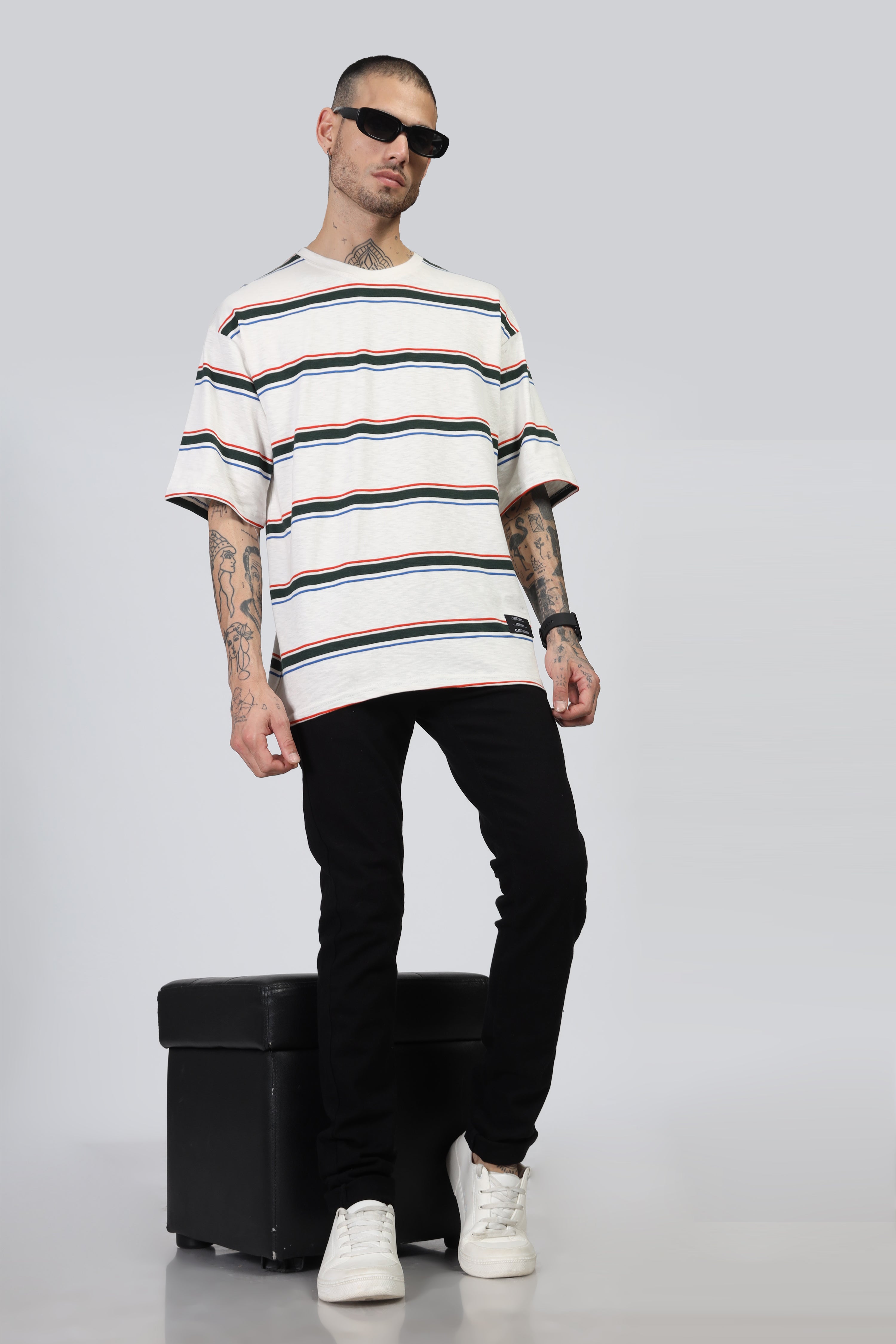 Black Striped Henley Neck T-Shirt