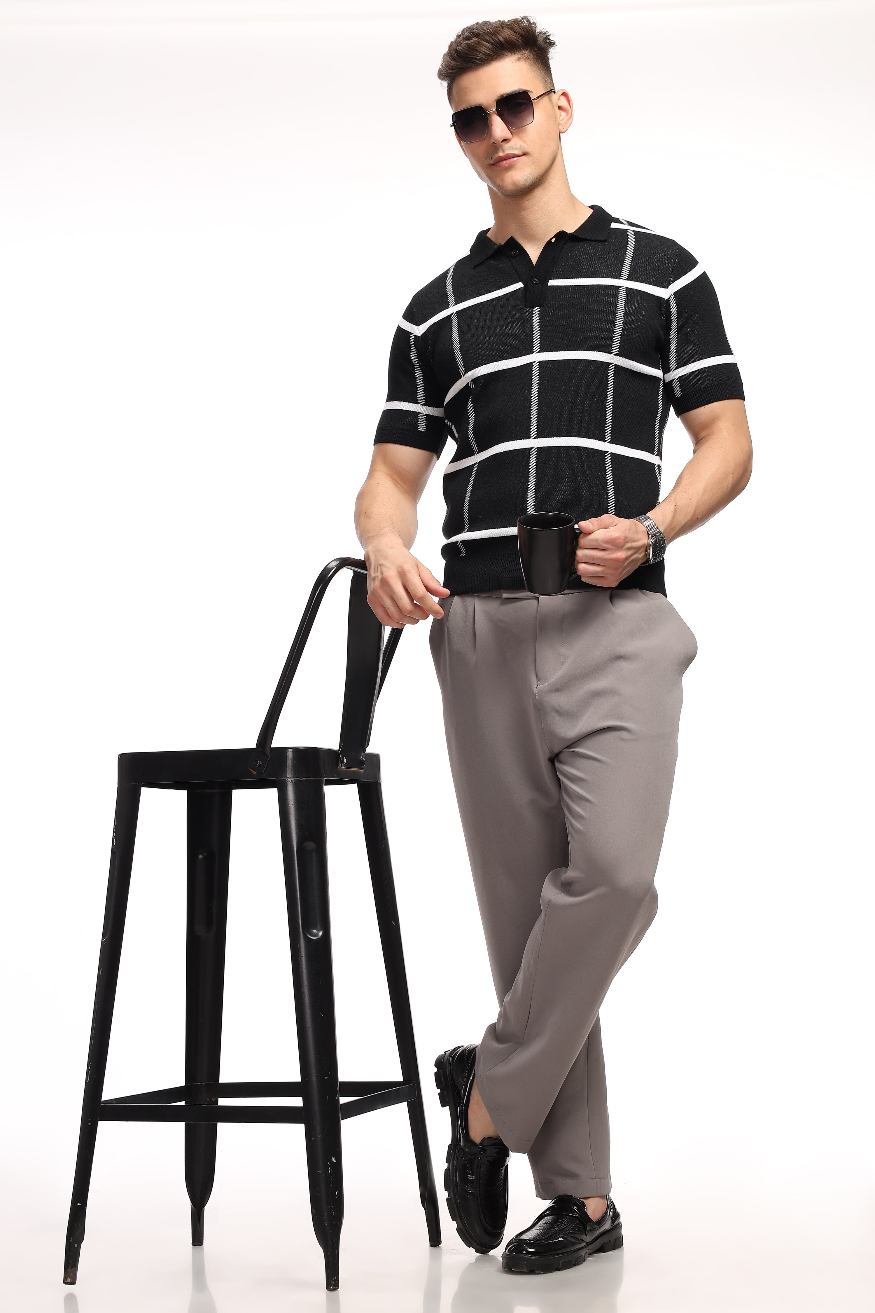 Black Check Flat Knit Premium Polo T-Shirt