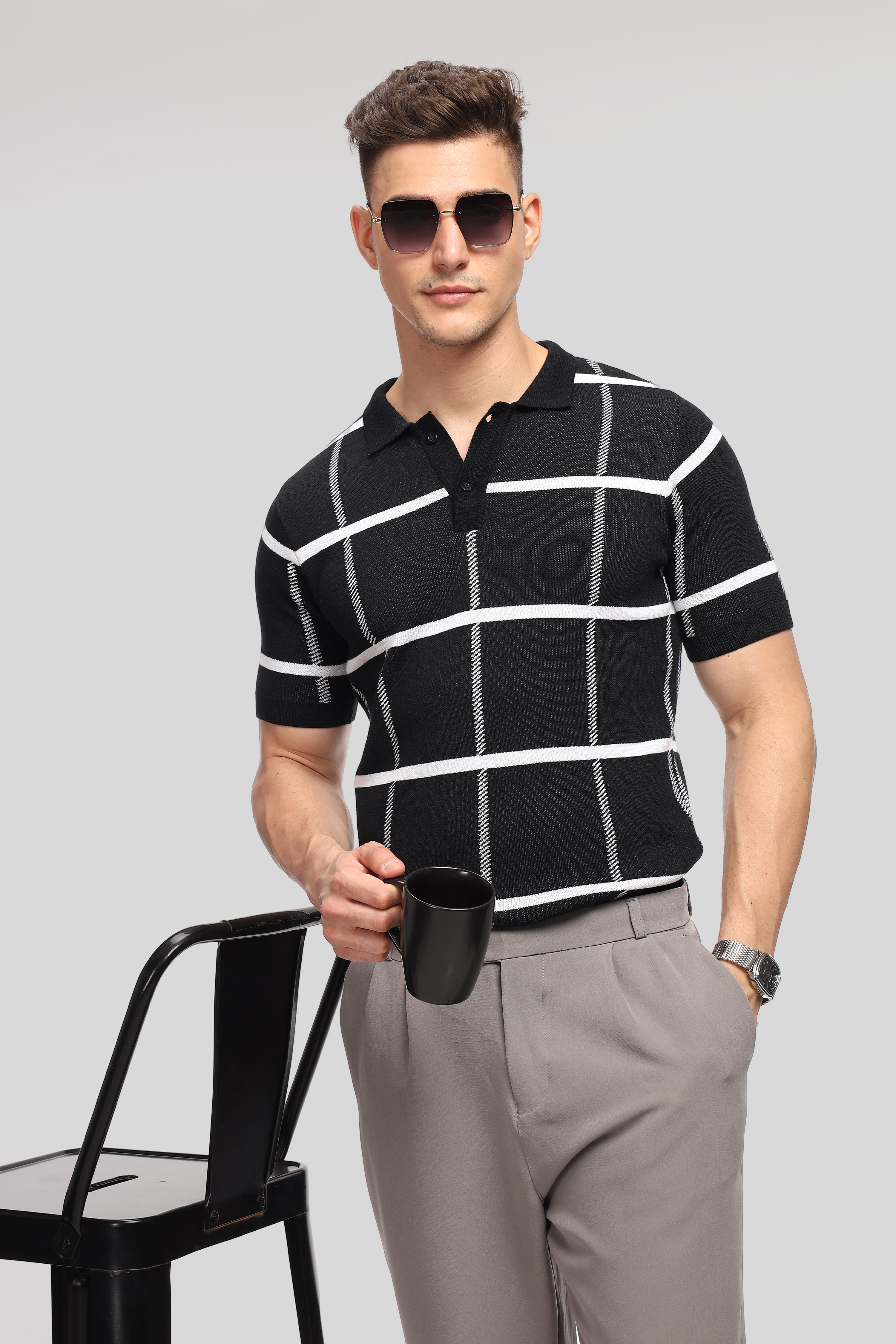 Black Check Flat Knit Premium Polo T-Shirt