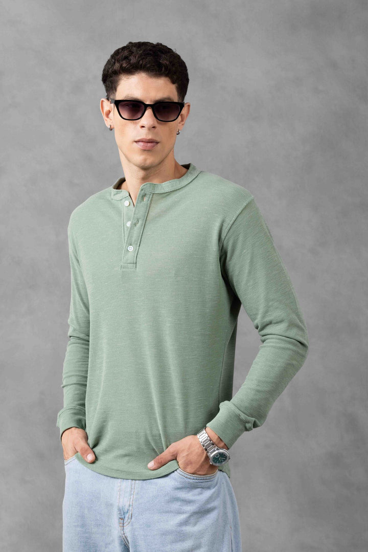 Green Self Design Henley Neck T-Shirt