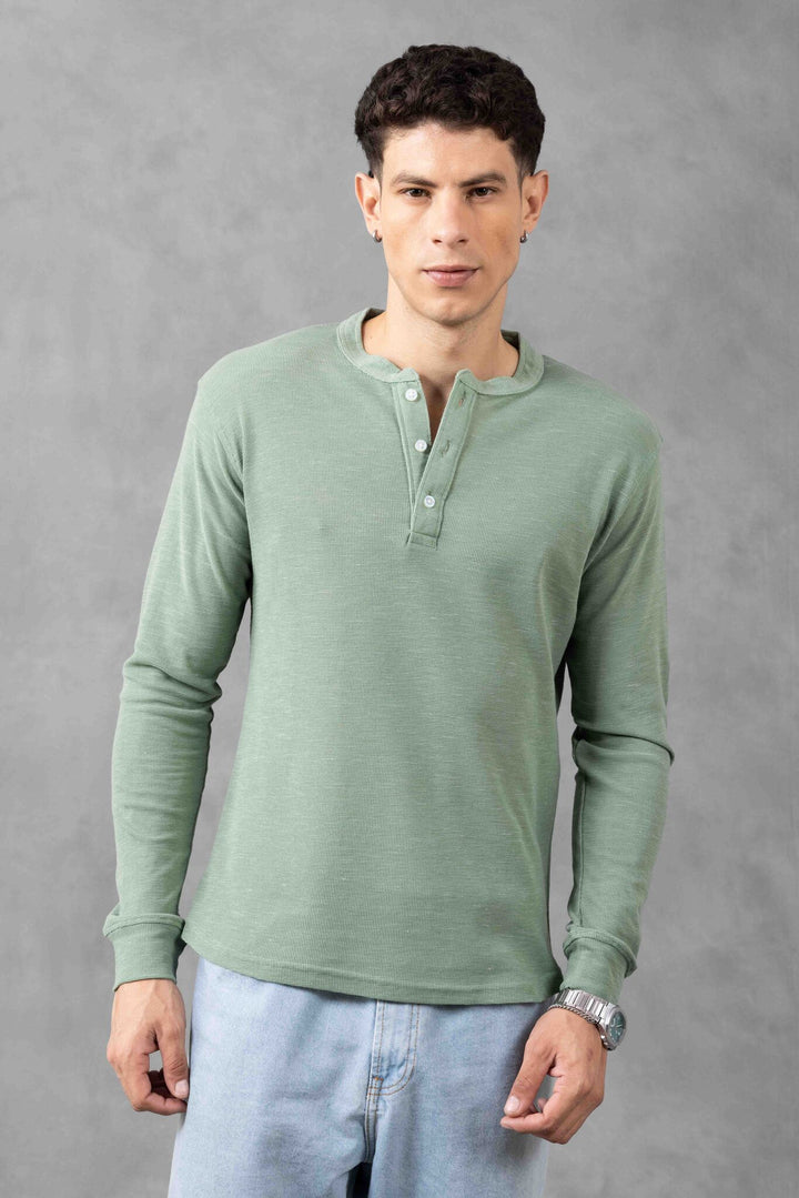 Green Self Design Henley Neck T-Shirt