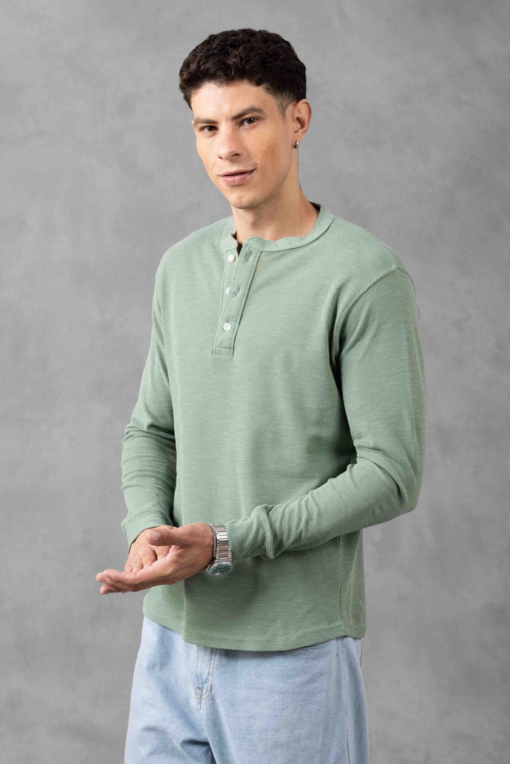 Green Self Design Henley Neck T-Shirt