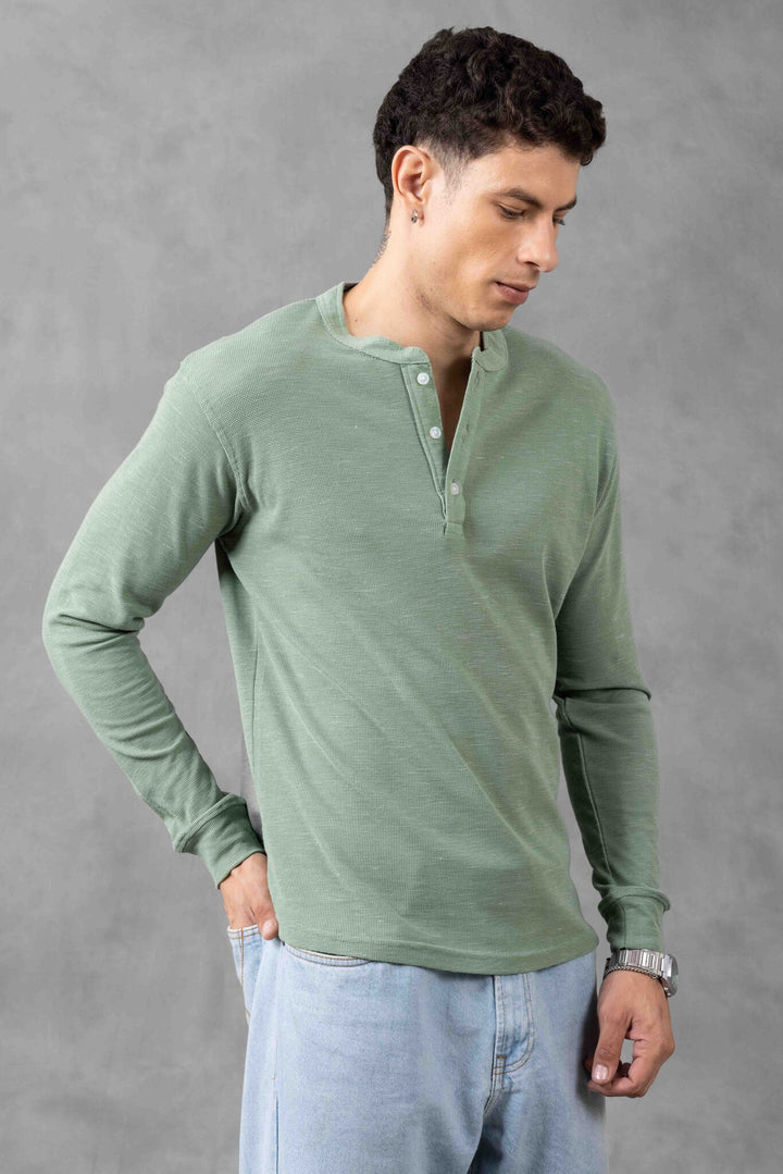 Green Self Design Henley Neck T-Shirt
