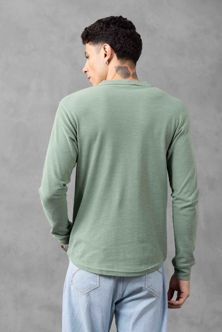 Green Self Design Henley Neck T-Shirt