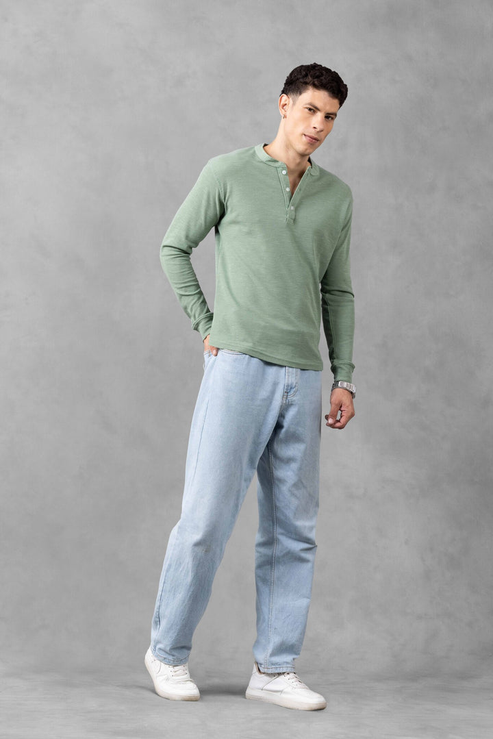 Green Self Design Henley Neck T-Shirt