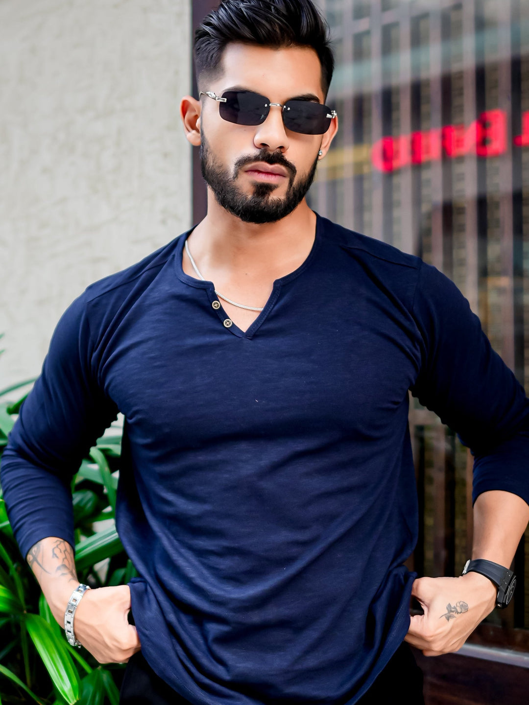 Dark Navy Open Slub Henley T-Shirt