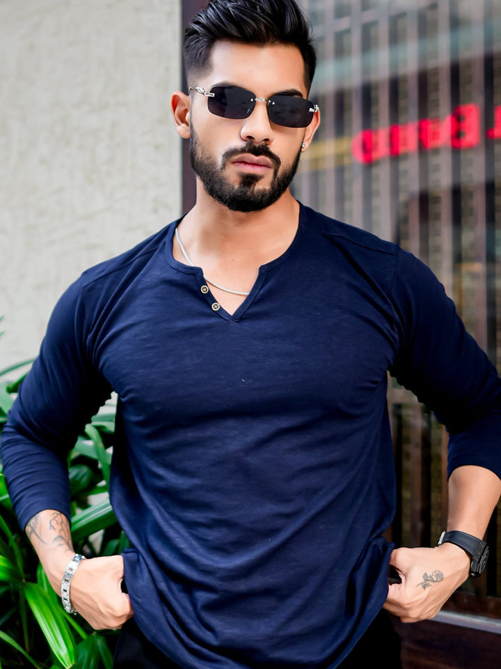 Dark Navy Open Slub Henley T-Shirt