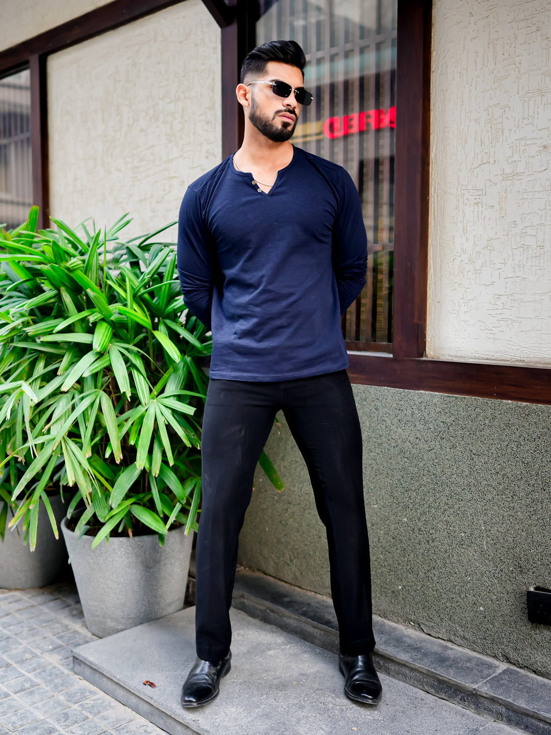 Dark Navy Open Slub Henley T-Shirt