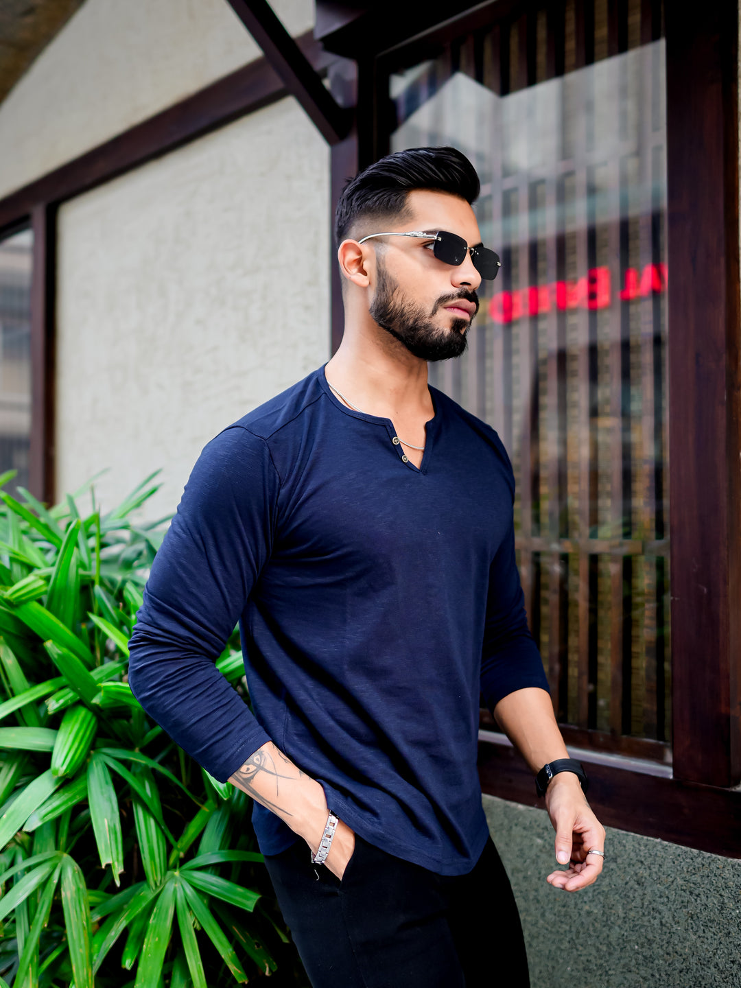 Dark Navy Open Slub Henley T-Shirt