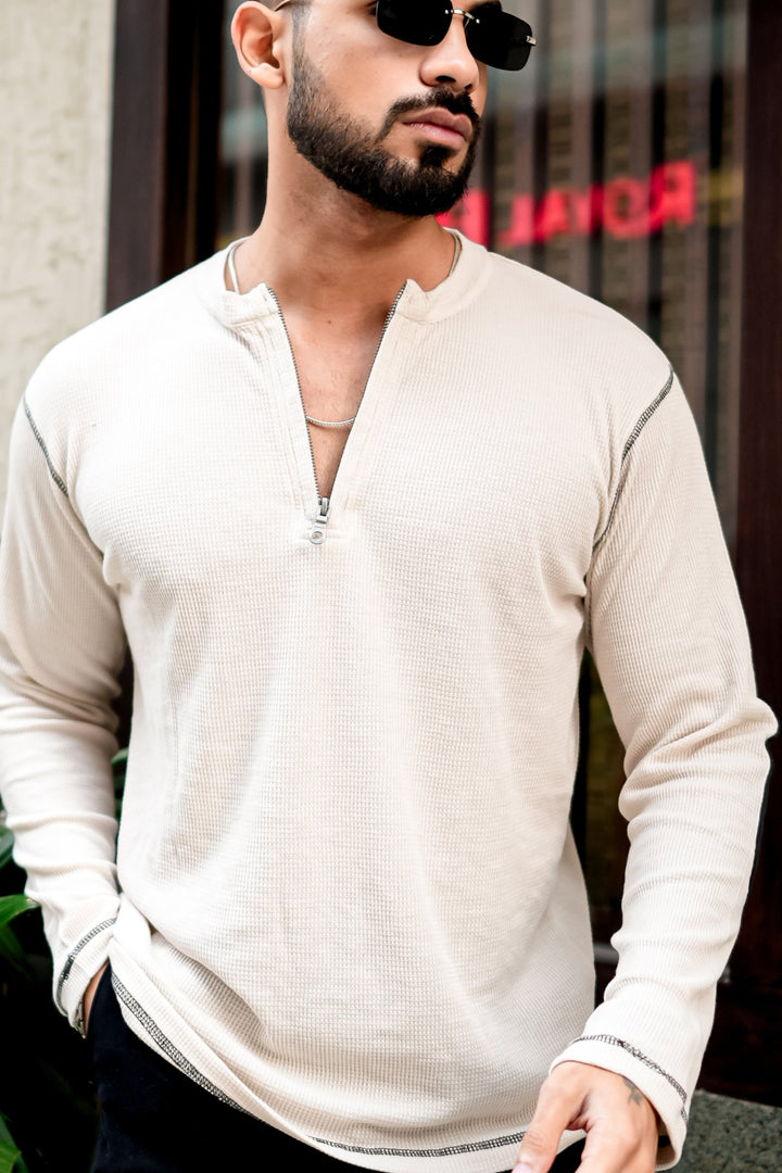 Cream Cross Stitched Elbow Patch Waffle Zipper T-Shirt