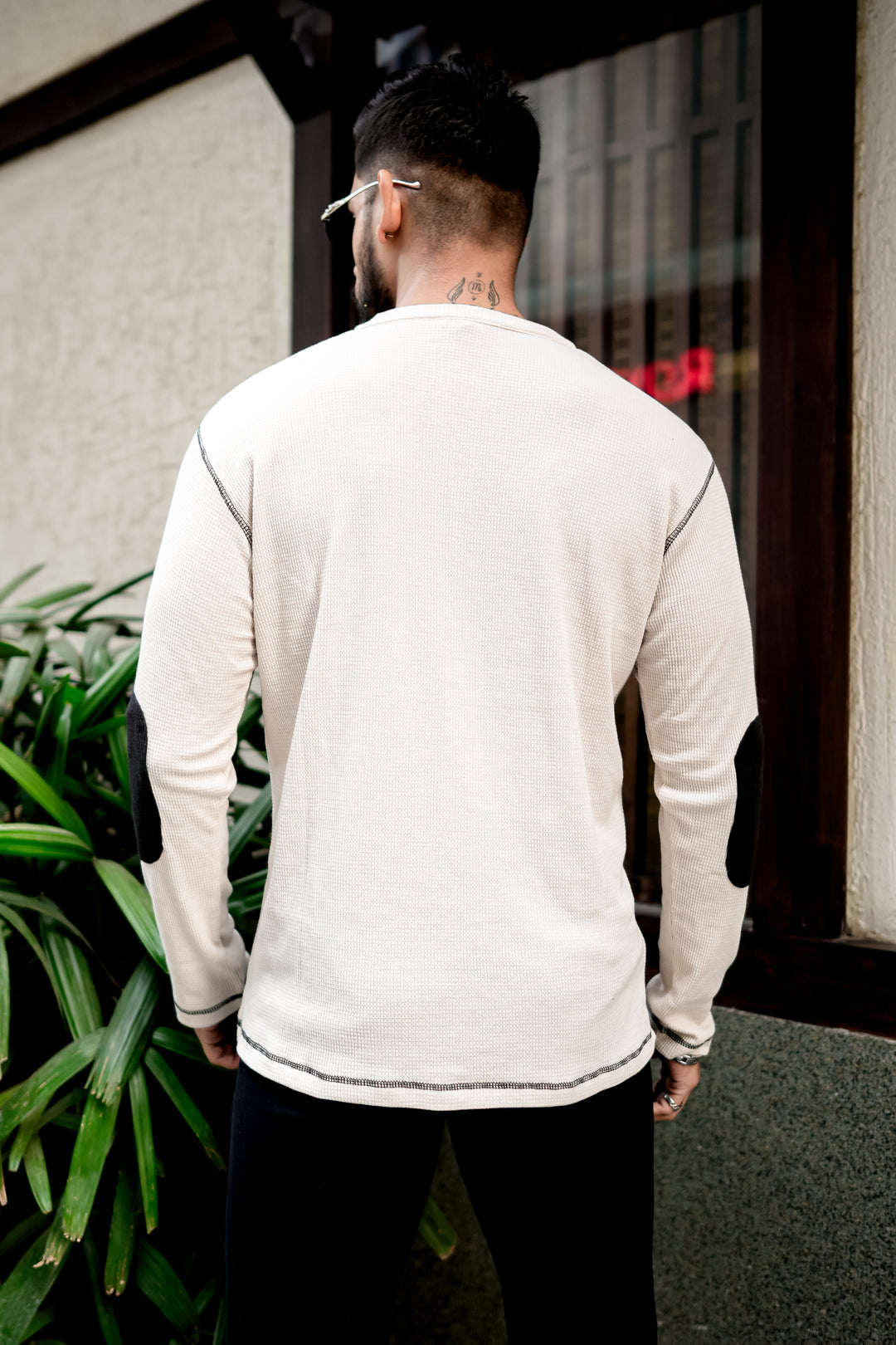 Cream Cross Stitched Elbow Patch Waffle Zipper T-Shirt