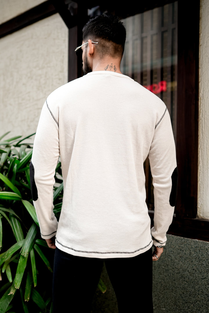 Cream Cross Stitched Elbow Patch Waffle Zipper T-Shirt