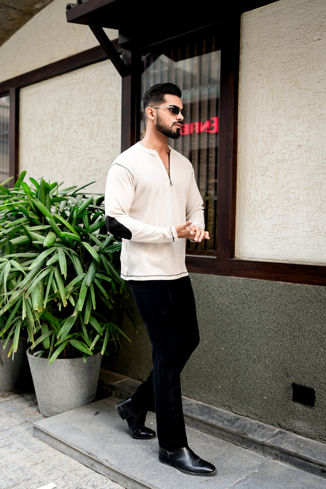 Cream Cross Stitched Elbow Patch Waffle Zipper T-Shirt