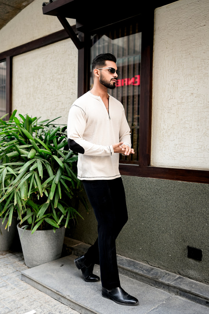 Cream Cross Stitched Elbow Patch Waffle Zipper T-Shirt