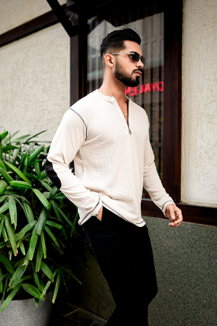 Cream Cross Stitched Elbow Patch Waffle Zipper T-Shirt