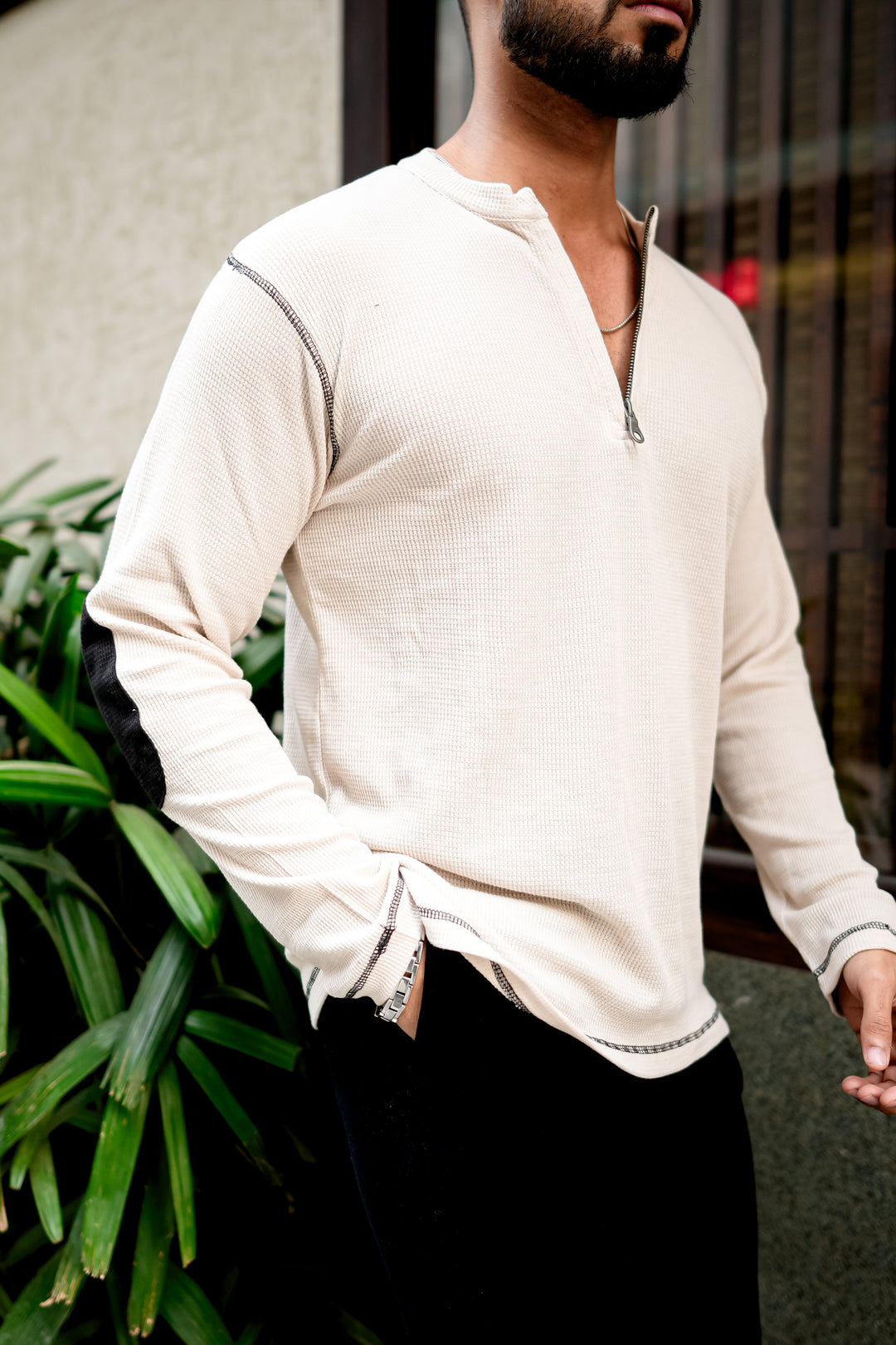 Cream Cross Stitched Elbow Patch Waffle Zipper T-Shirt