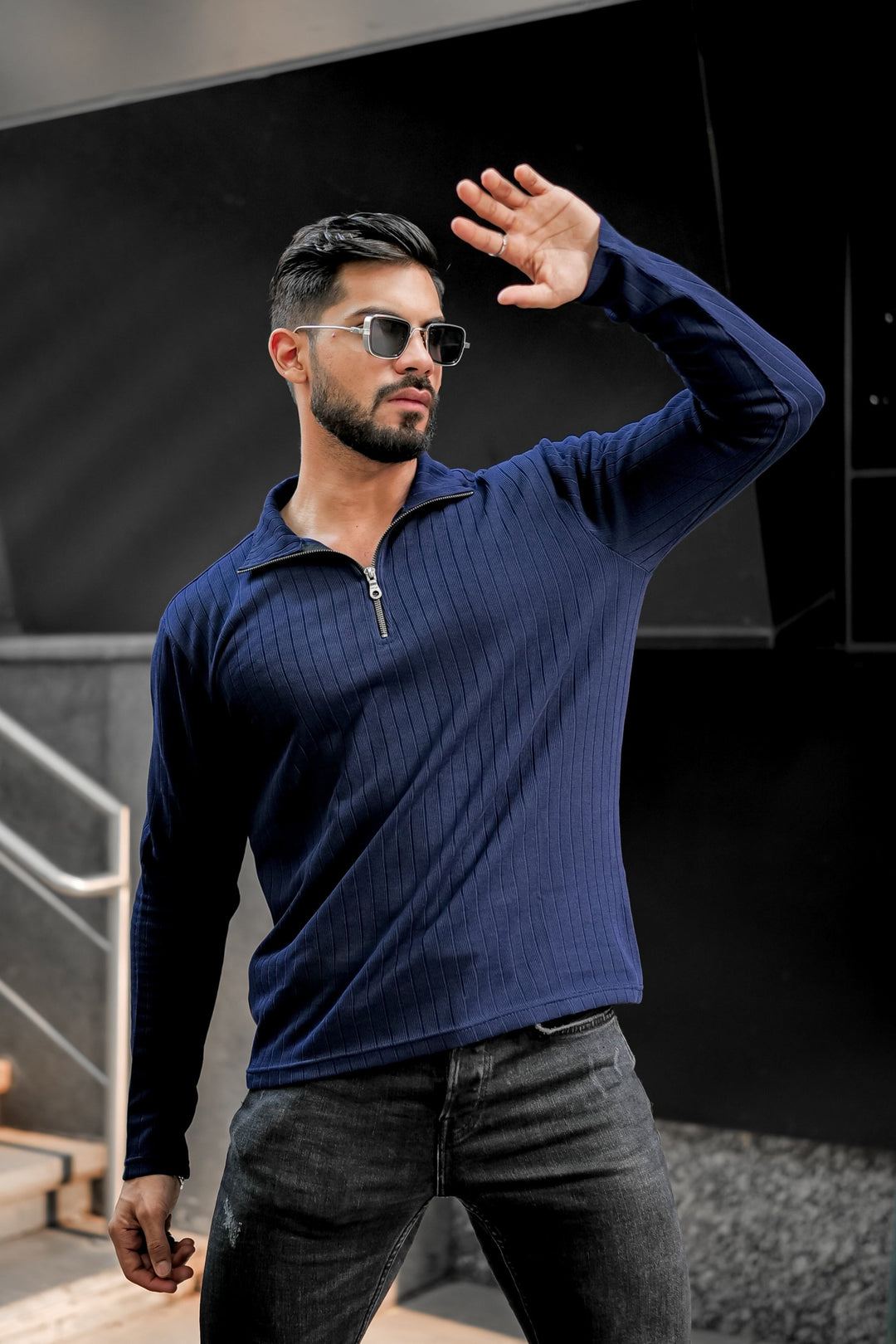 Deep Blue Self Design Zipper T-Shirt