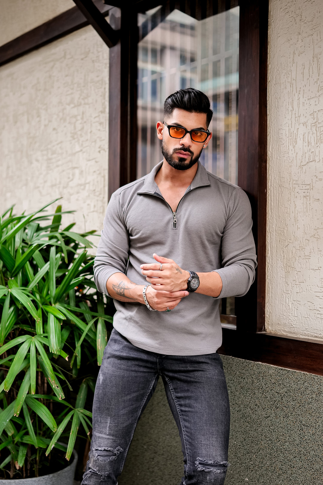 Grey Waffle Self Design Zipper T-Shirt