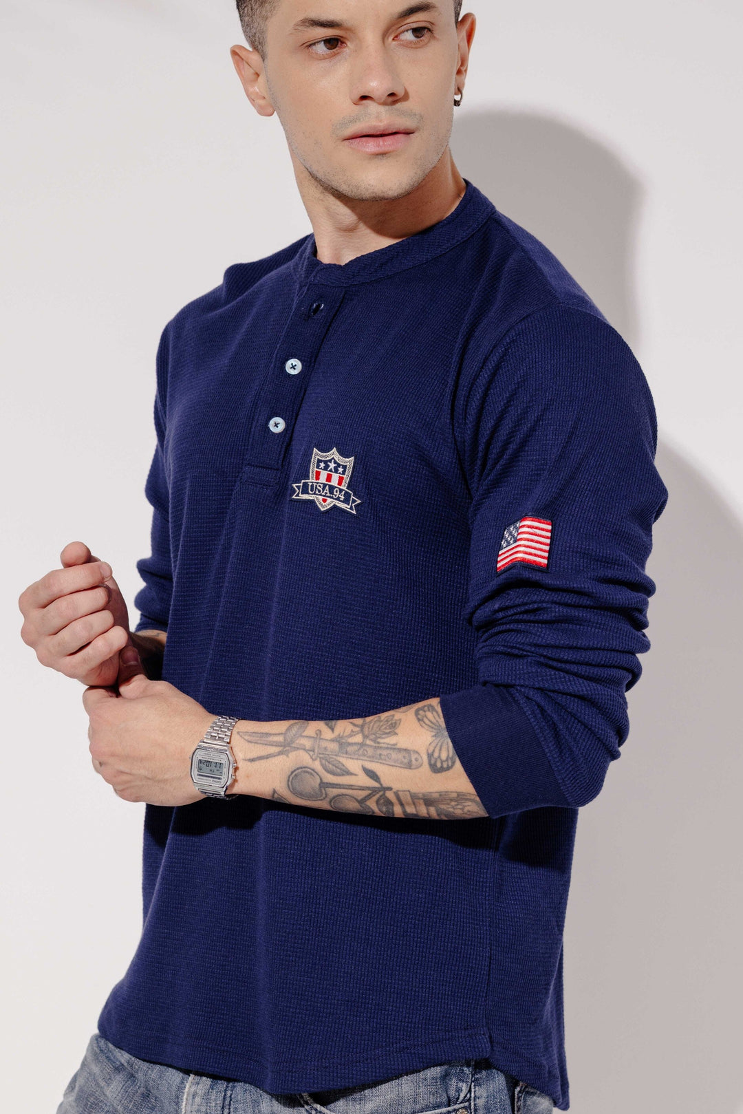 Navy Self Design Waffle Henley T-Shirt