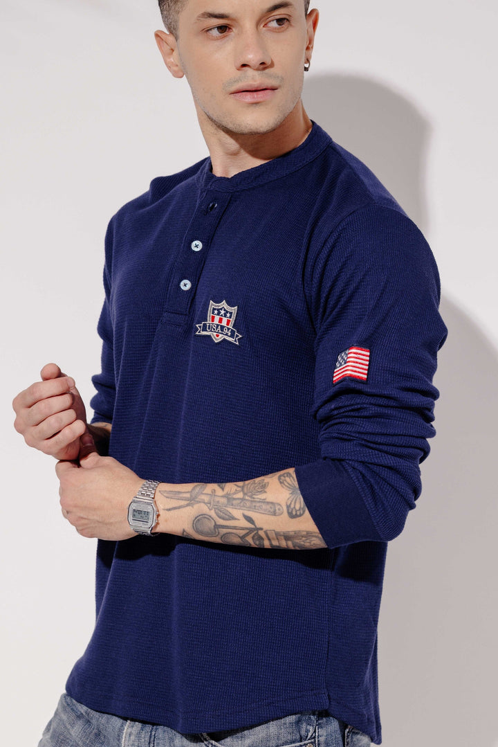 Navy Self Design Waffle Henley T-Shirt