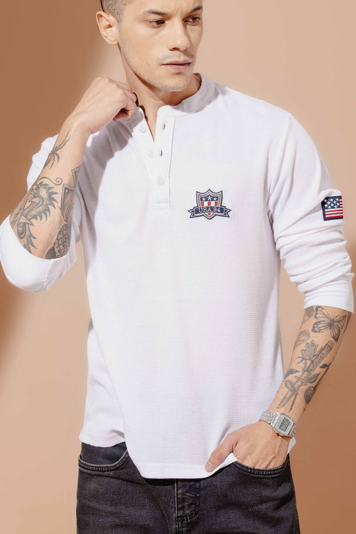 White Self Design Waffle Henley T-Shirt
