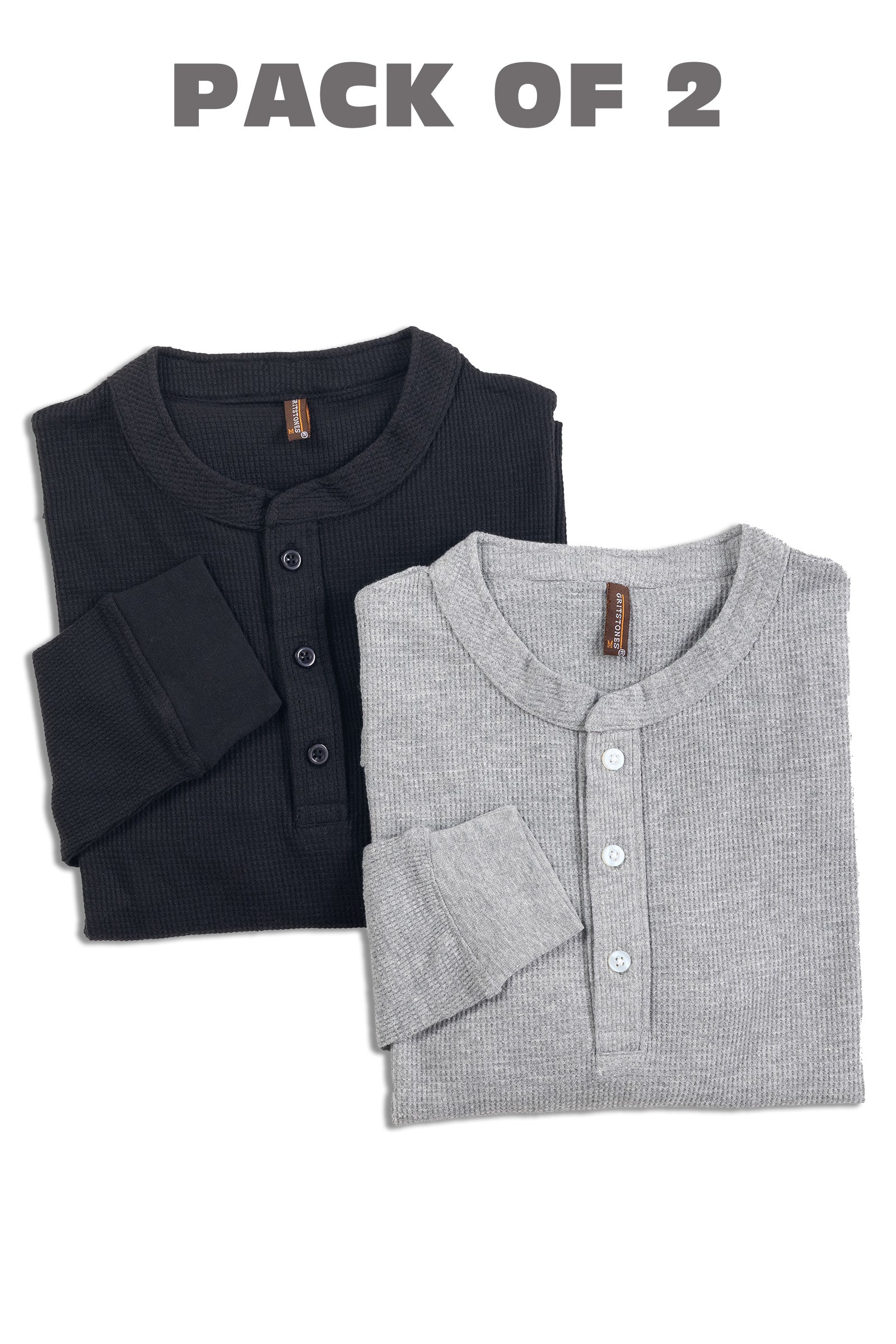 Black & Grey Melange Self Waffle Knit Pack of 2 combo Henley T