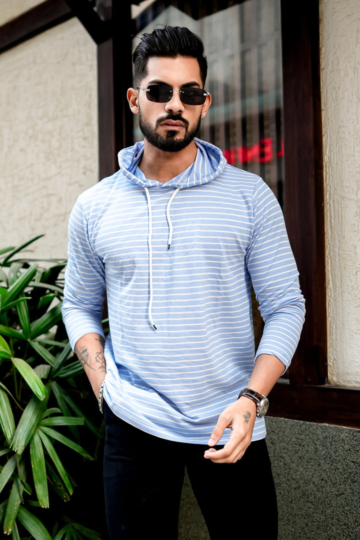 Blue White Striper Hooded T-Shirt