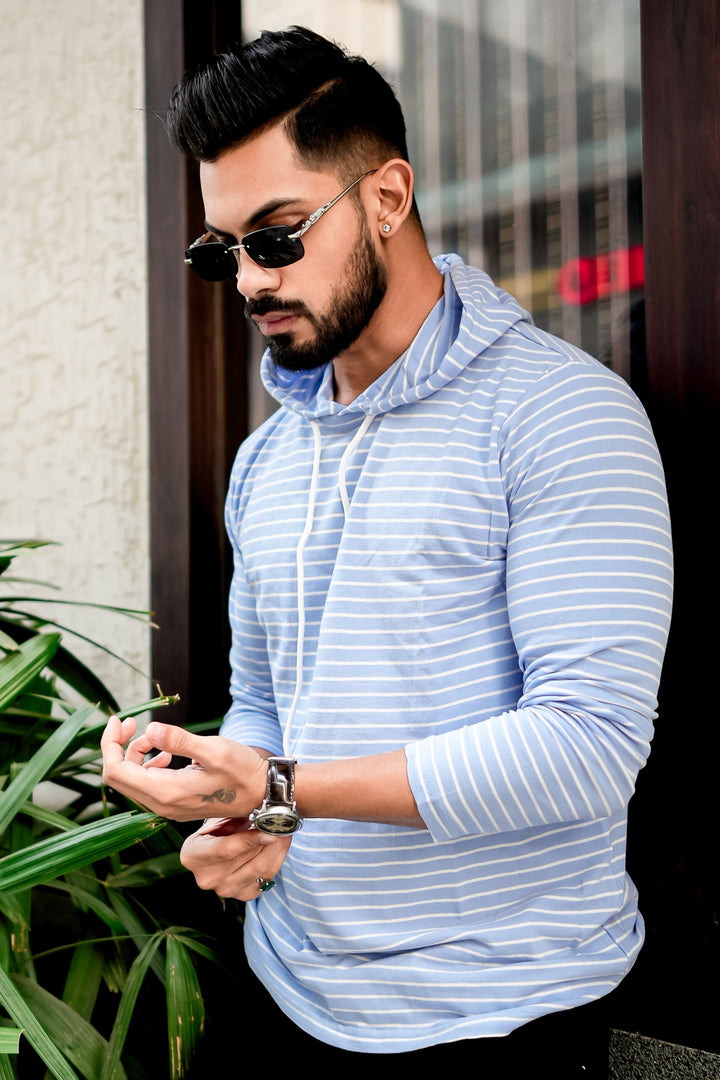 Blue White Striper Hooded T-Shirt