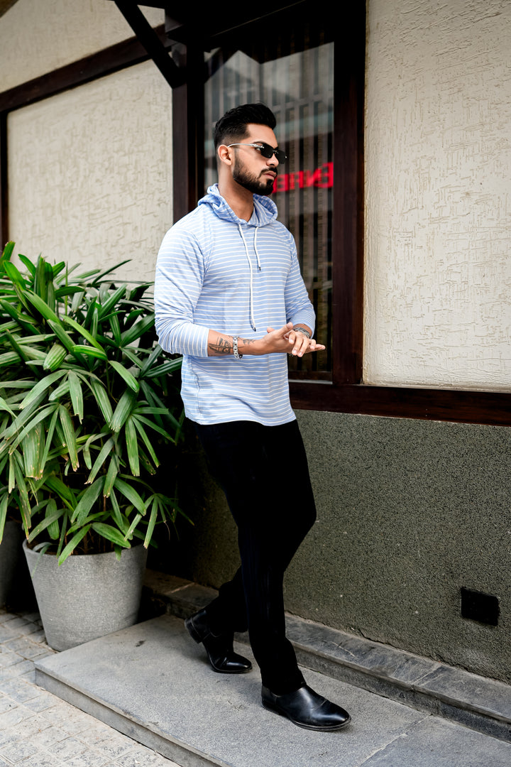 Blue White Striper Hooded T-Shirt