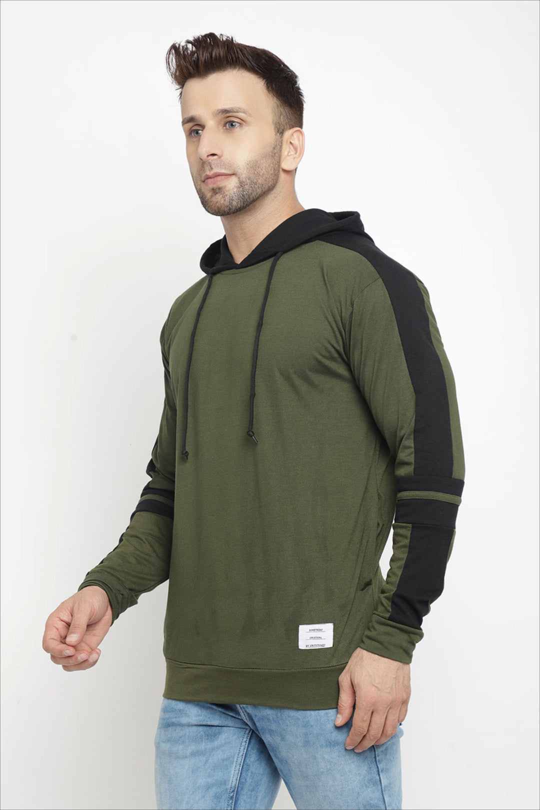 Hooded Full Sleeve Black Olive Color Kangaroo Pocket T-Shirt