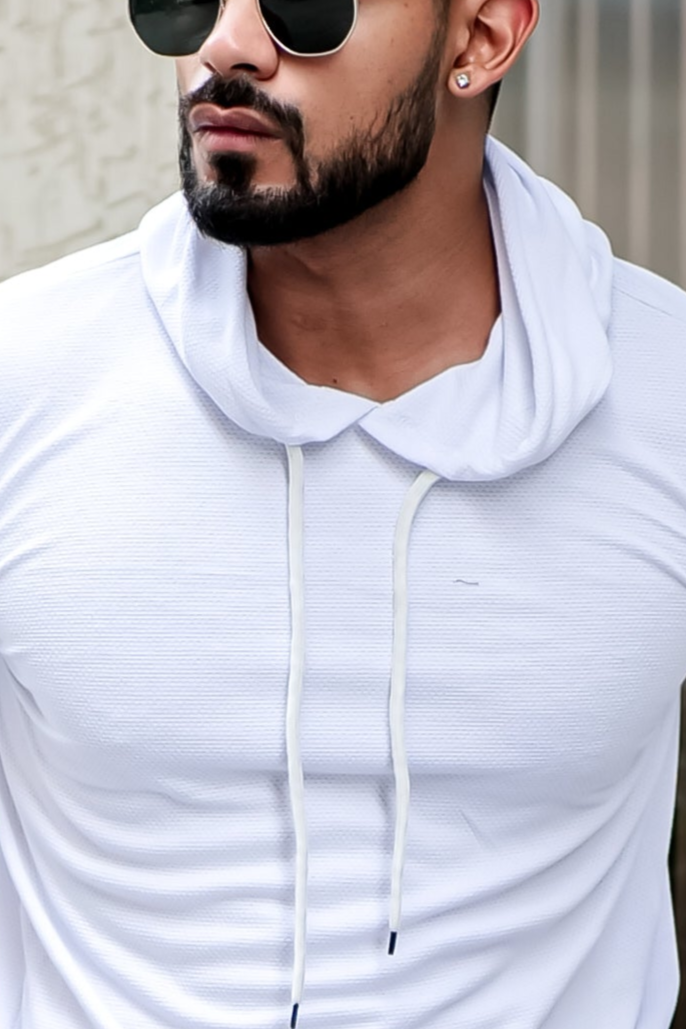 White Self Design Hooded Neck T Shirt Gritstones