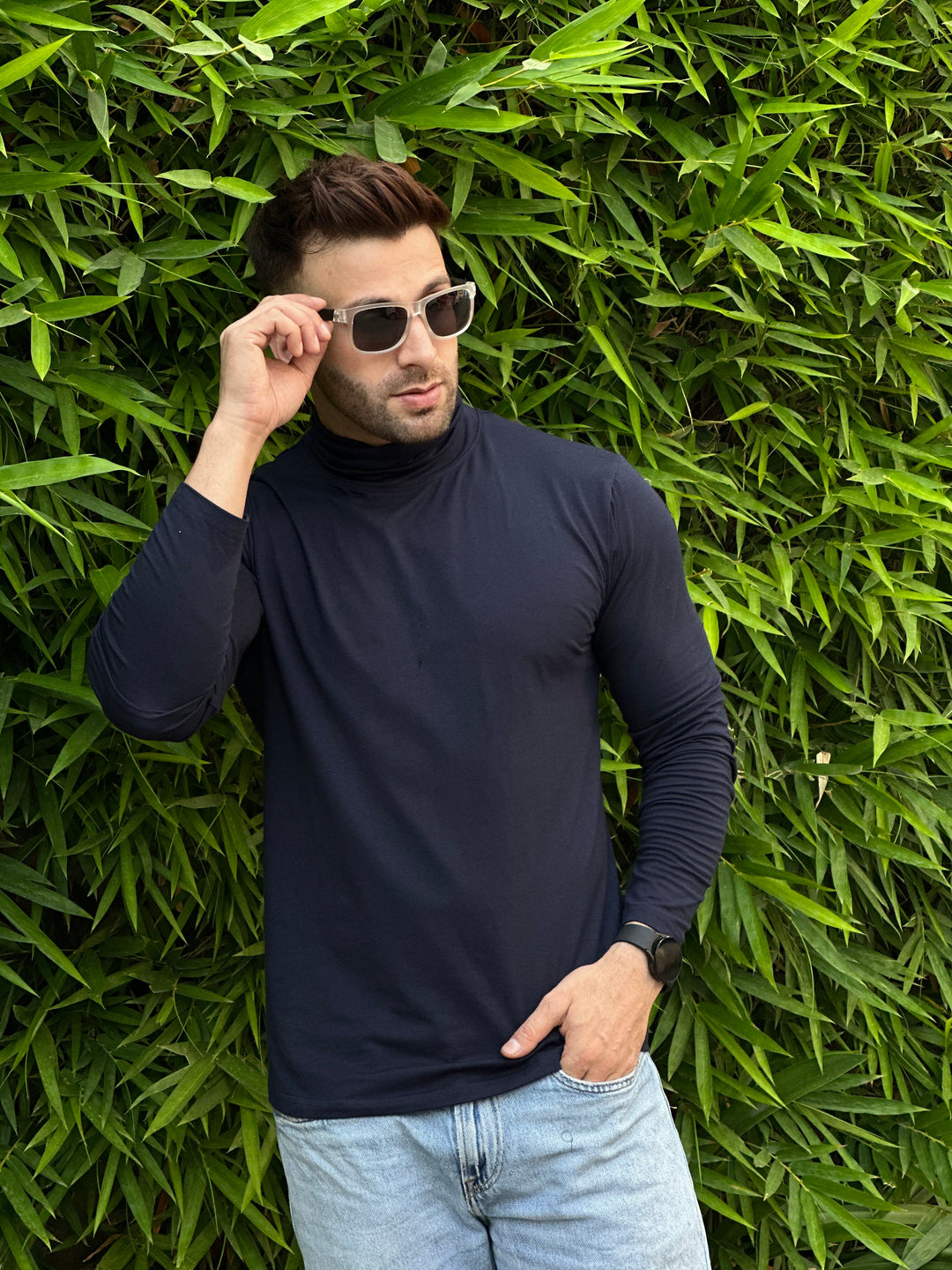 Navy Blue Cotton Stretch High Neck T-Shirt