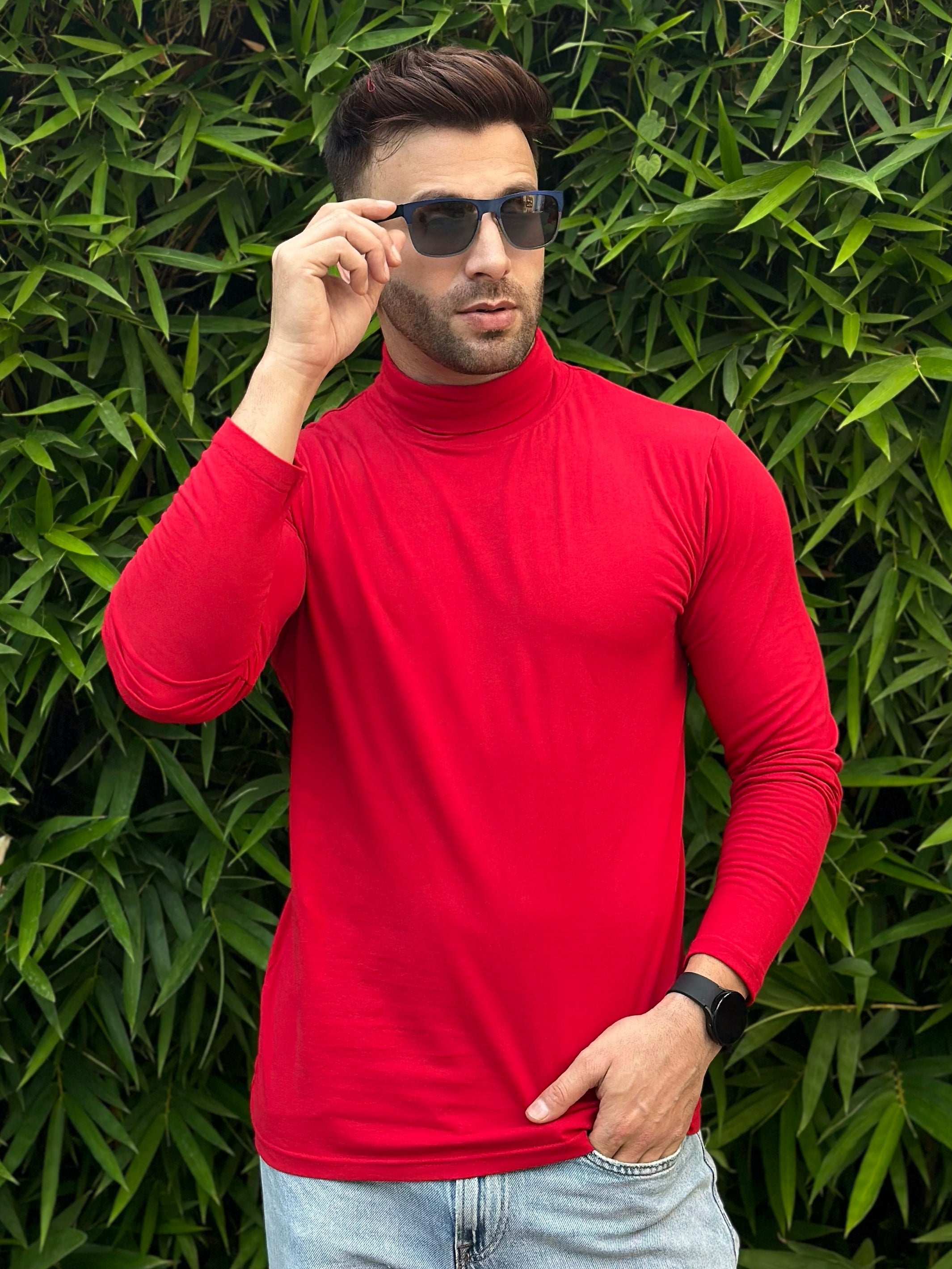 Red Cotton Stretch High Neck T Shirt Gritstones