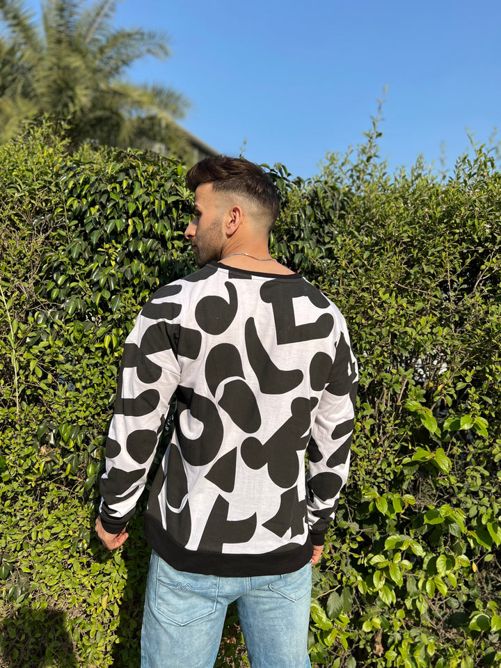 Oversized Drop Shoulder Full Sleeve Black White  T-Shirt