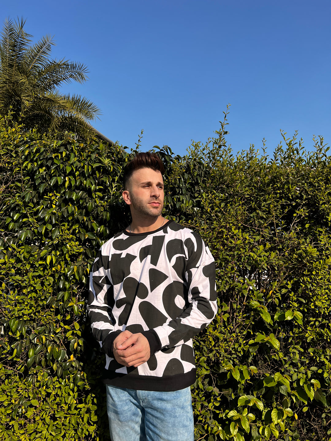 Oversized Drop Shoulder Full Sleeve Black White  T-Shirt