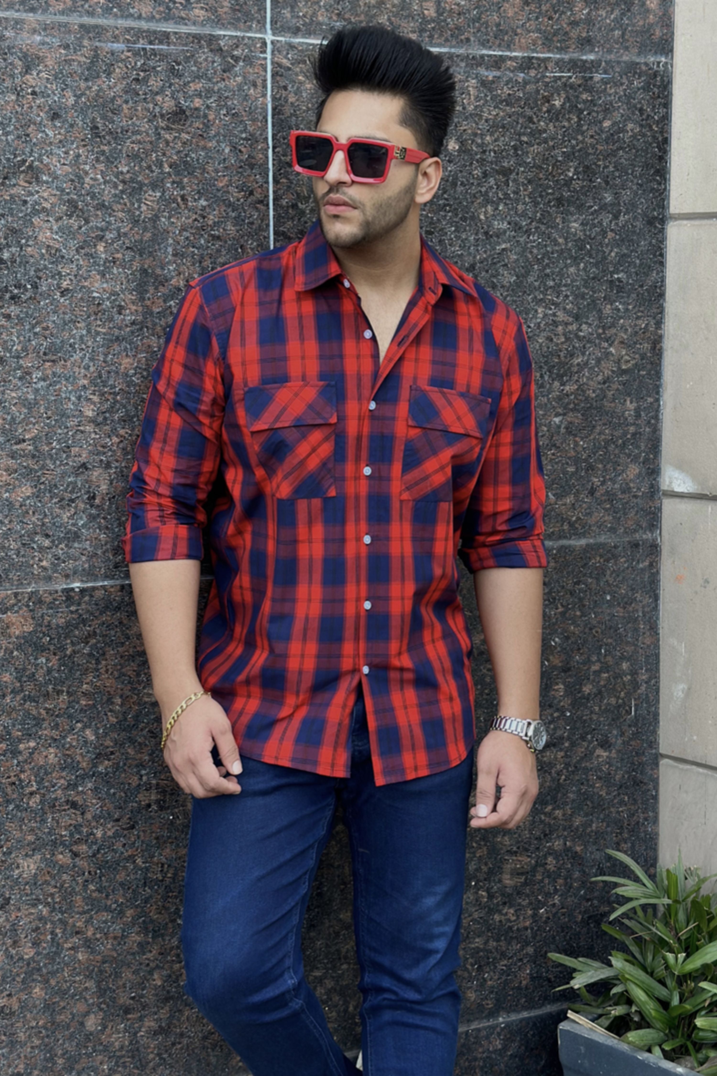 Black Jeans Men Red Check Shirt Blue Jeans Red Checked Casual Shirt