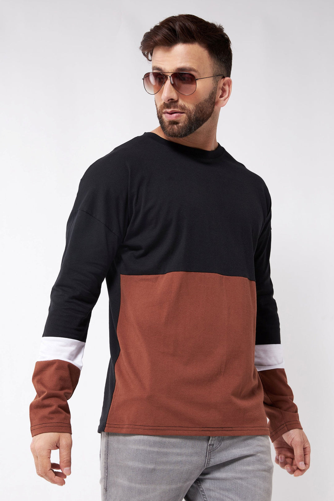 Oversized Black and Brown Drop Shoulder Color Block T-Shirt