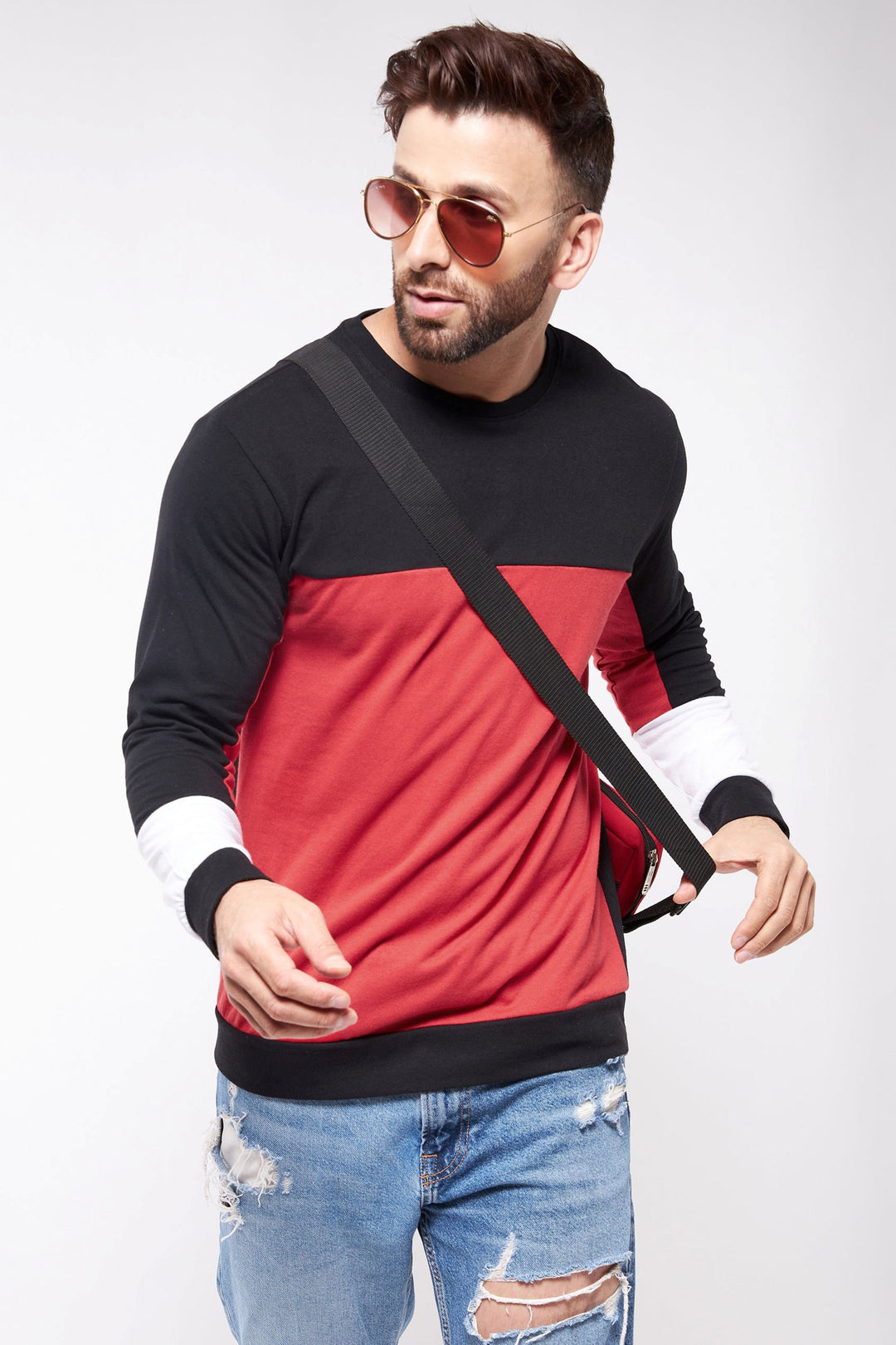 Oversized Black and Red Drop Shoulder Color Block T-Shirt