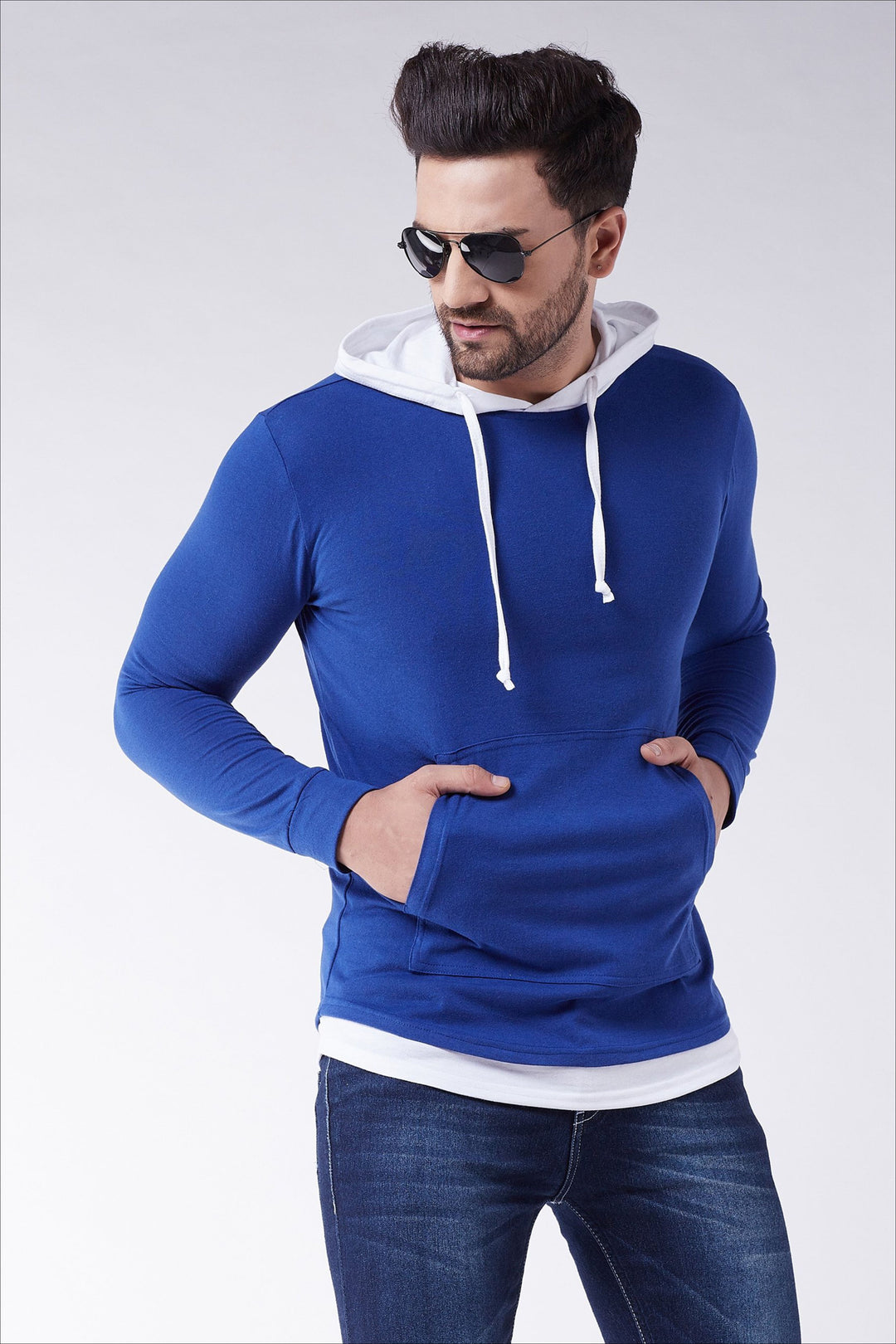 R.Blue/White Colorblock Hooded Tshirt