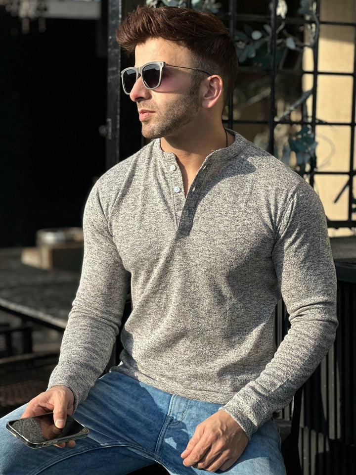 Grey Melange Self Waffle Knit Henley T-Shirt