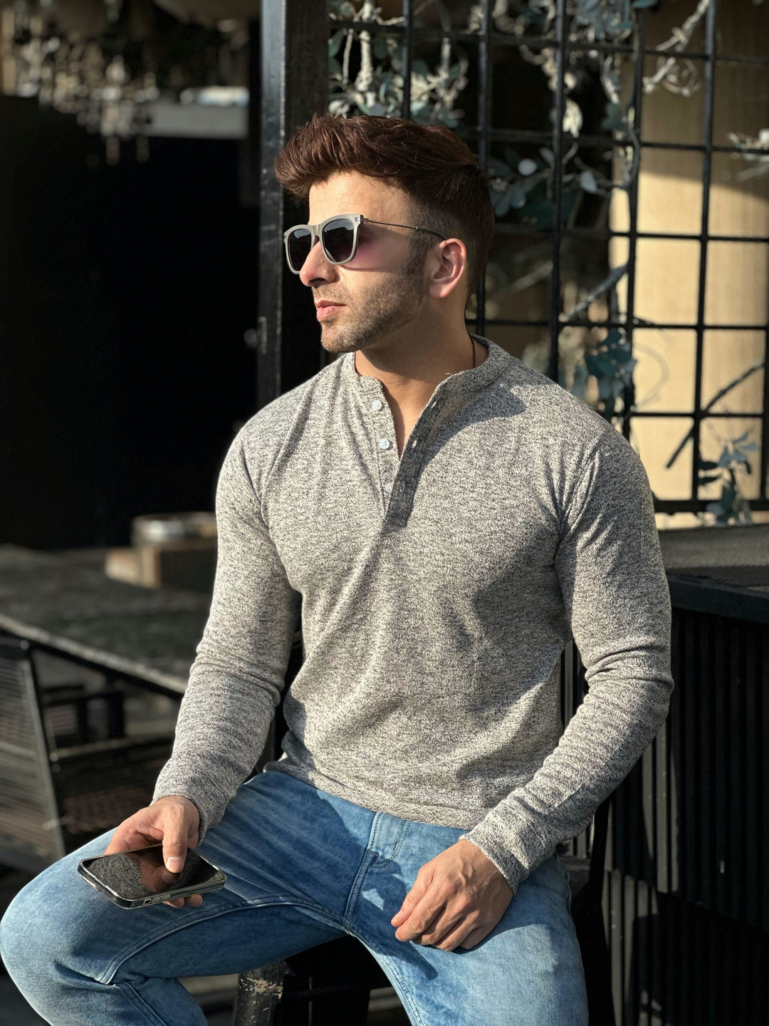 Grey Melange Self Waffle Knit Henley T-Shirt