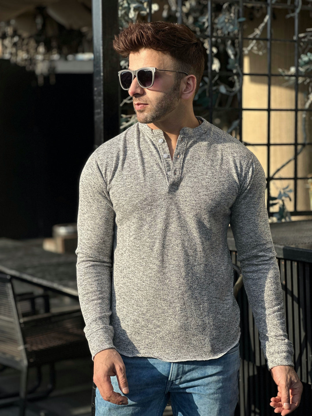 Grey Melange Self Waffle Knit Henley T-Shirt