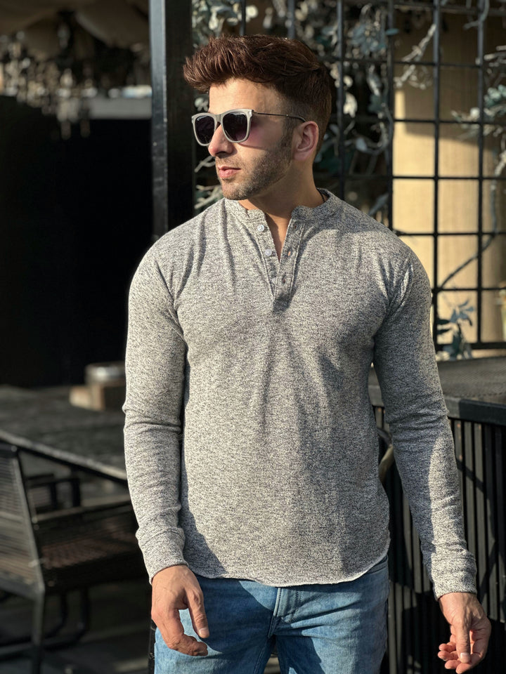 Grey Melange Self Waffle Knit Henley T-Shirt