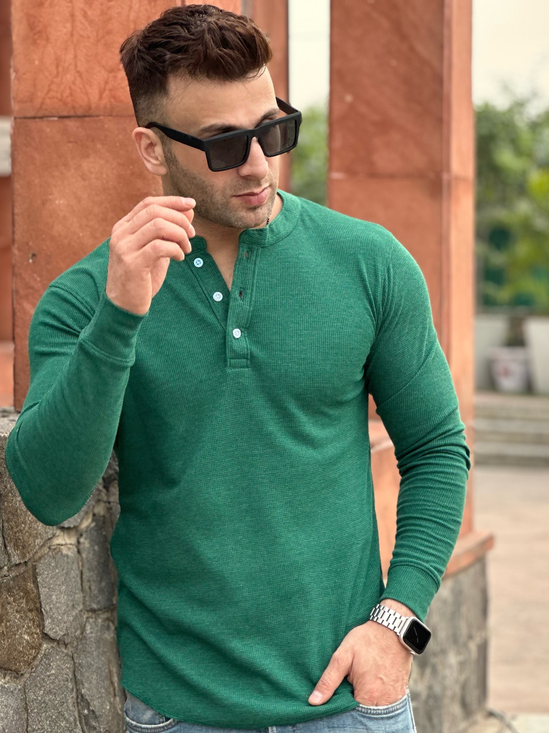 Green Waffle Knit Henley Neck TShirt Gritstones