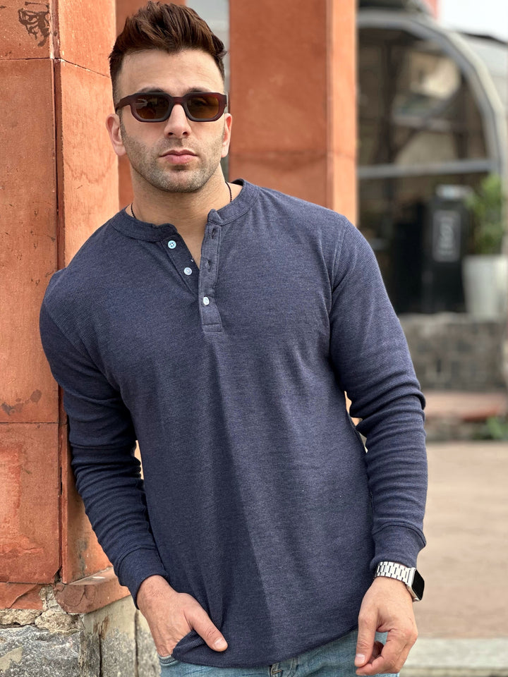 Blue Self Design Waffle Henley Neck T-Shirt