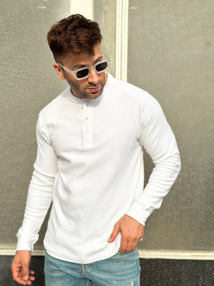 White Henley Self Design T-Shirt