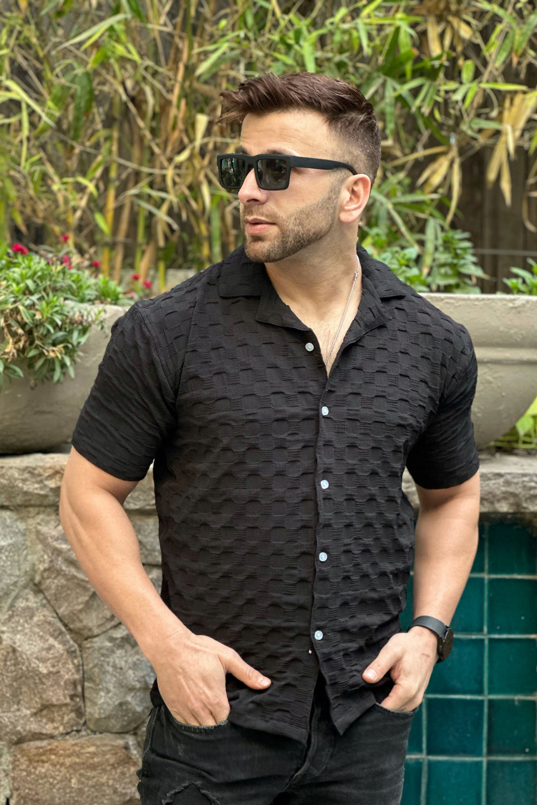 Black Oversized Self Design Shirt