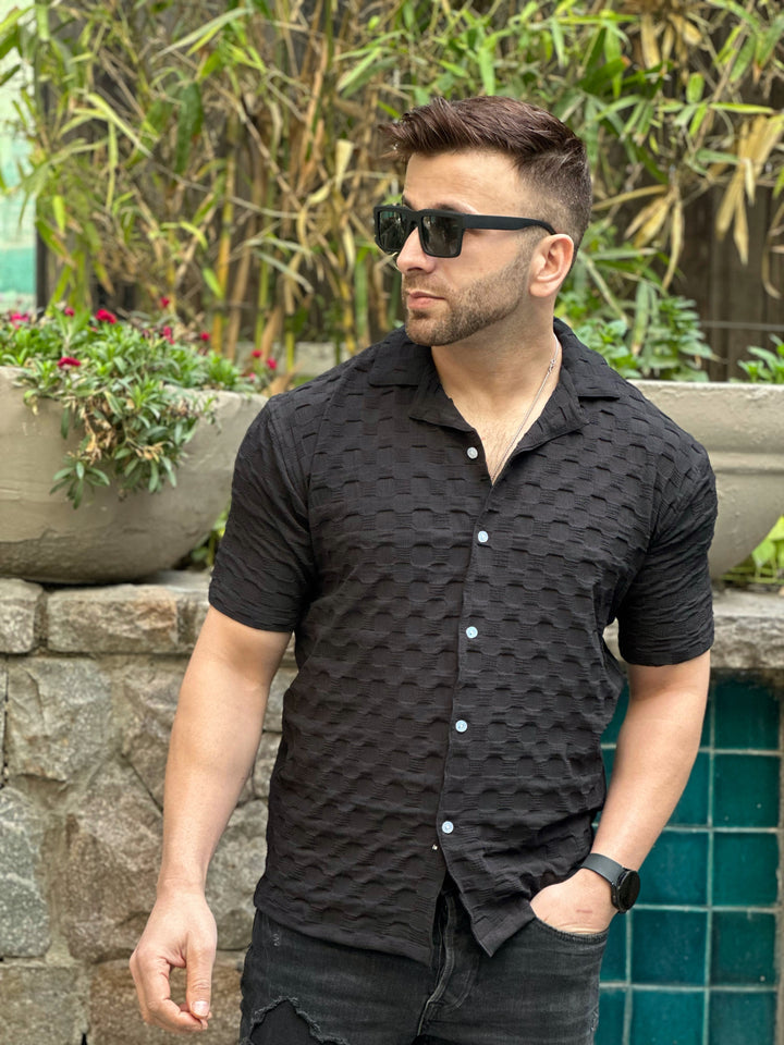 Black Oversized Self Design Shirt