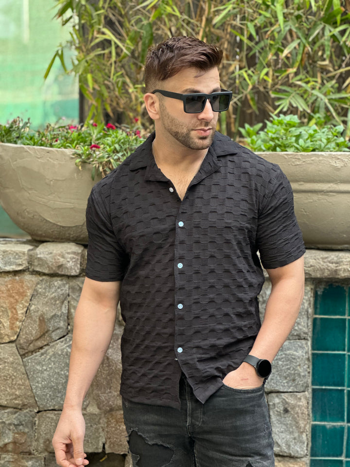 Black Oversized Self Design Shirt