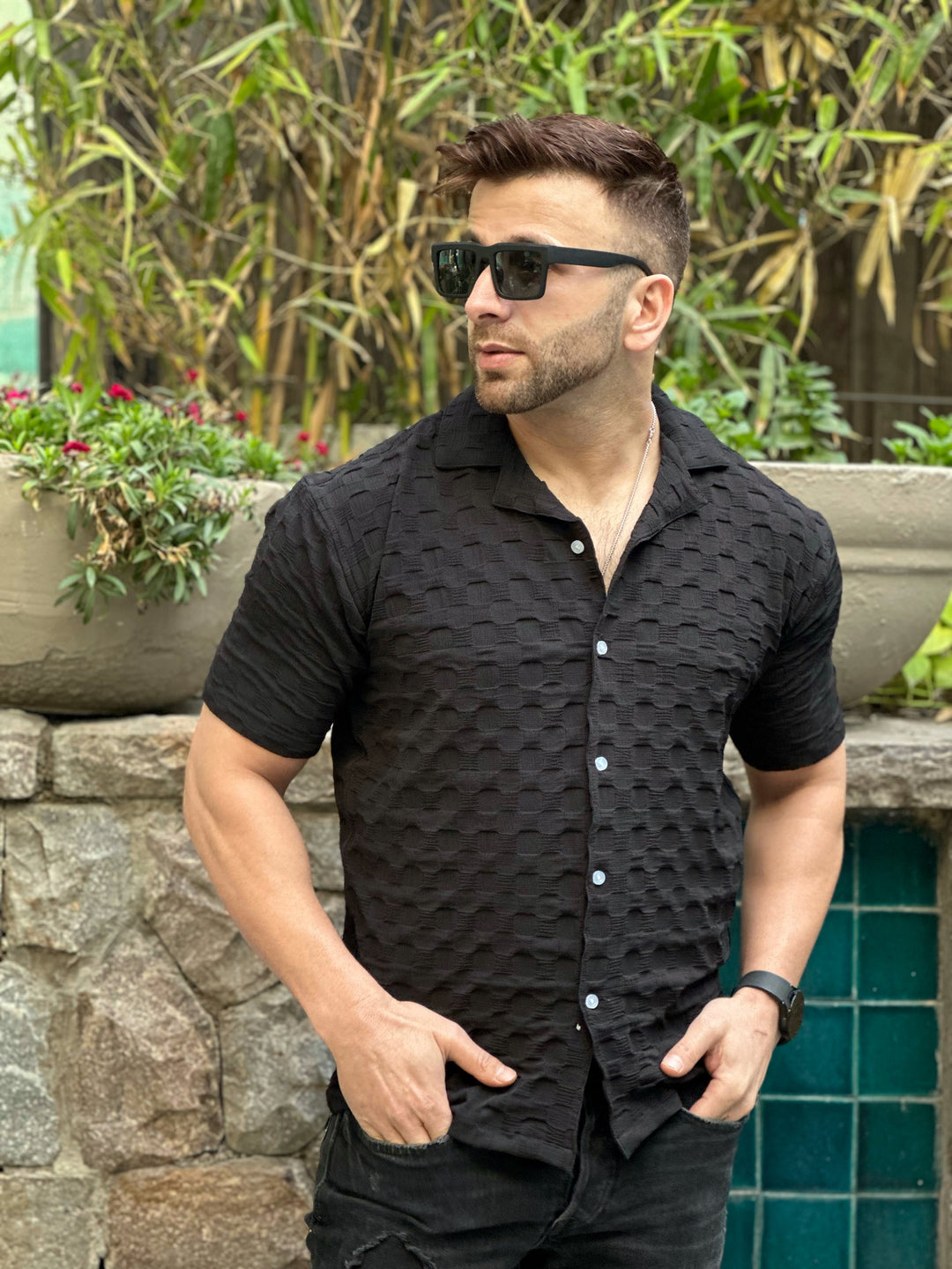 Black Oversized Self Design Shirt